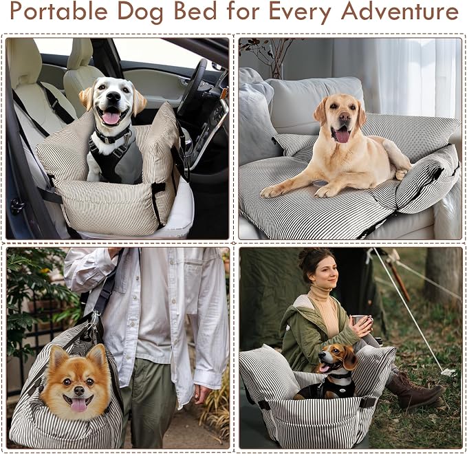 Dog Car Seats for Small/Medium Dogs Under 40 lbs - Elevated Pet Seat with Safety Belt, Non-Slip Base, and Storage Pockets for Car Travel,Brown