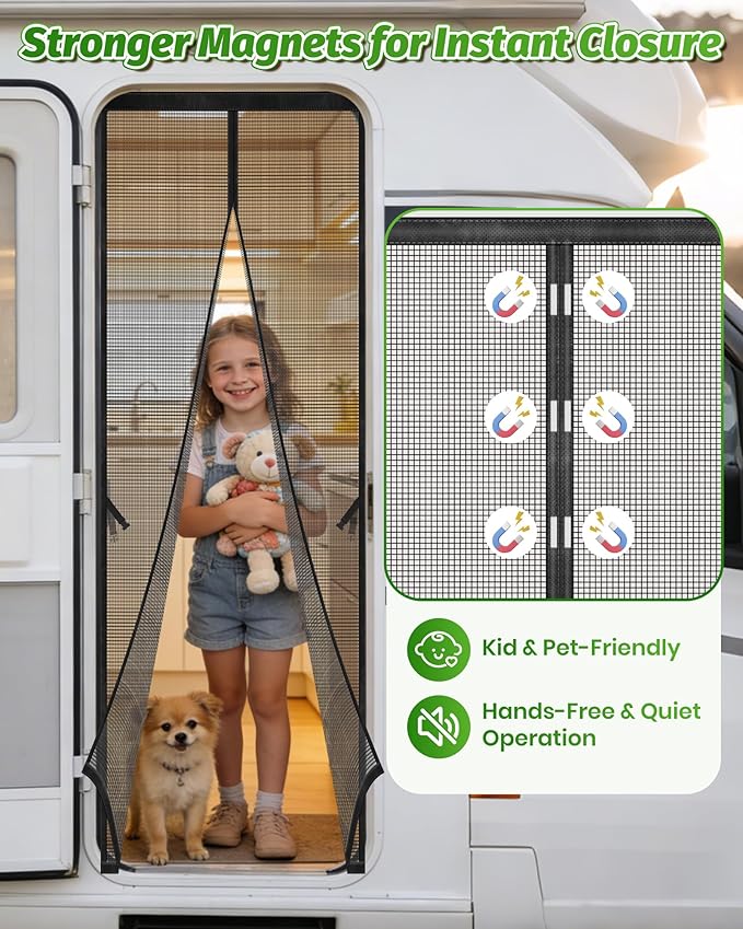 Magnetic RV Screen Door Curtain for Camper, Curtain Size 33'' x 75'', Travel Trailer, Fifth Wheel and Motorhome, Tear-Resistant Mesh Bug Screen, Self Closing Mosquito Net, Pet Friendly