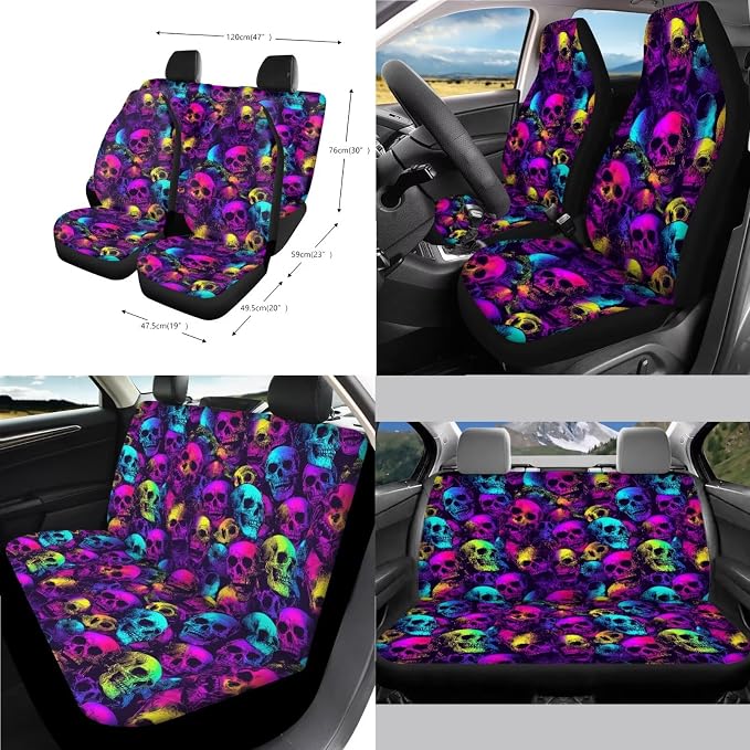 Skull Print 14Pcs Full Set Car Seat Covers with Accessories, High Back Car Front and Rear Seat Covers with Steering Wheel Cover Center Console Pad and Safety Belt Pads, etc