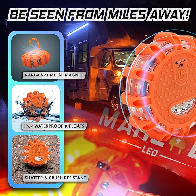 Marcala 3-Pack Emergency Lights for Vehicles | DOT Compliant Emergency Flares for Car with Batteries, Whistle & Case | LED Road Flares | Emergency Roadside Lights | Drive and Feel Safer on the Road!