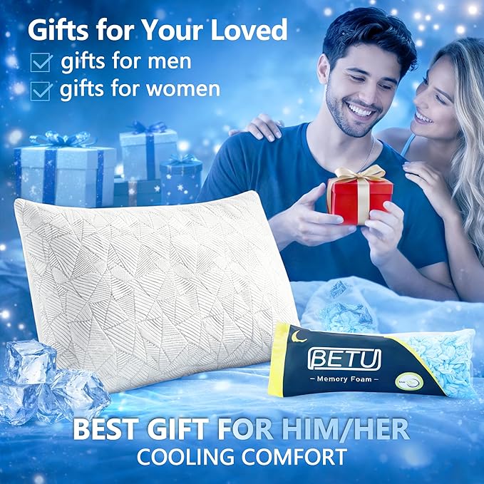 BETU Cooling Pillow Queen Size, Shredded Memory Foam Cool Pillow for Hot Sleepers, Adjustable Firm Soft Support Bed Pillows Perfect for Back Neck Pain and Side Sleeping with Pillow Case Cover, White
