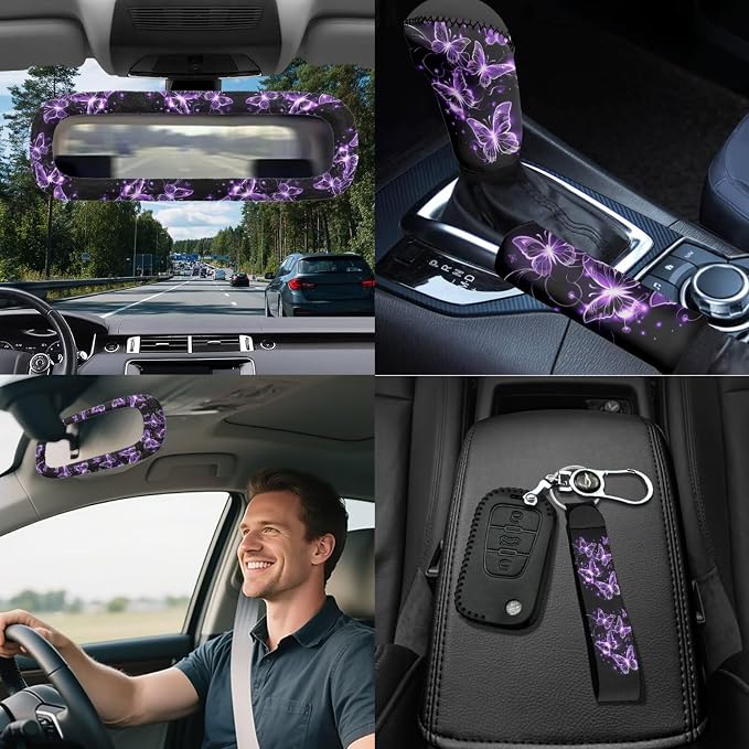 Butterfly Car Seat Covers Full Sets of 18 Pcs Purple Butterfly Car Interior Accessories Set with Steering Wheel Cover Car Trash Can Car Headrest Covers Belt Pads Cover Armrest Pad for Women