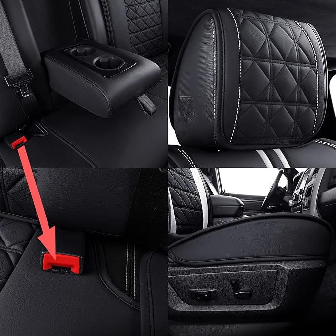 YIERTAI Dodge RAM Seat Covers for 2009-2025 2026 1500HD 2010-2025 2026 2500/3500HD Crew Double Cab Quad Cab Laramie Tradesman Truck Waterproof Faux Leather(5 PCS Full Set/Black-White)