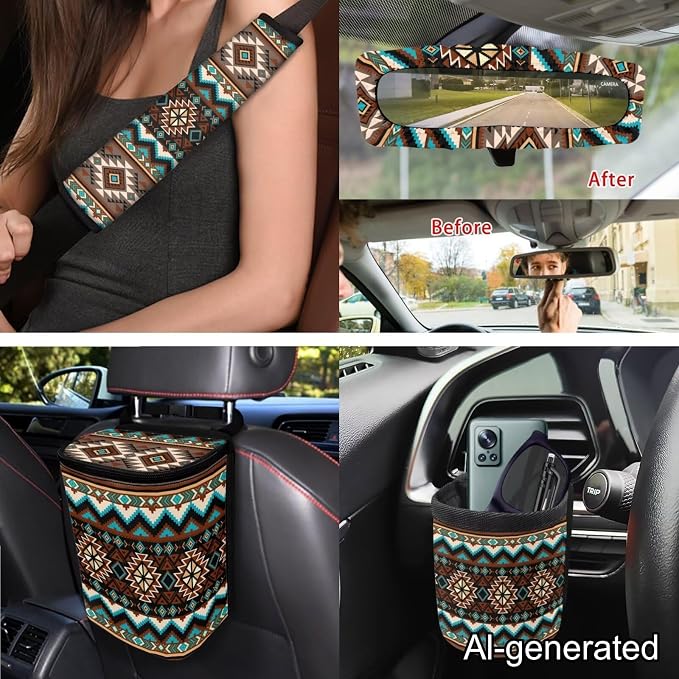 Dreaweet Navajo Seat Covers Full Set Native American Tribal Geometric Pattern Car Seat Cover Steering Wheel Cover Seat Belt Pads Trash Bag Vent Storage Bag Rearview Mirror Cover Coasters Keychain 15pc