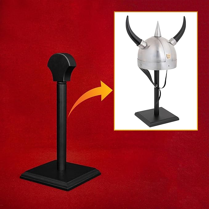 Mythrojan Solid Wooden Helmet Stand Medieval Roman Viking Templar, Spartan, Knight Helmet Display Holder for Renaissance, Cosplay, LARP, Collectors Costume,14 Inch - Black