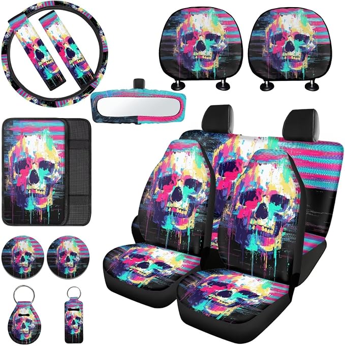 Skull Print Seat Cover Full Set for Cars American Flag Print Front and Rear Split Bench Seat Covers+Steering Wheel Cover+Seatbelt Pads+Headrest Covers+Center Console Pad for SUV Truck etc