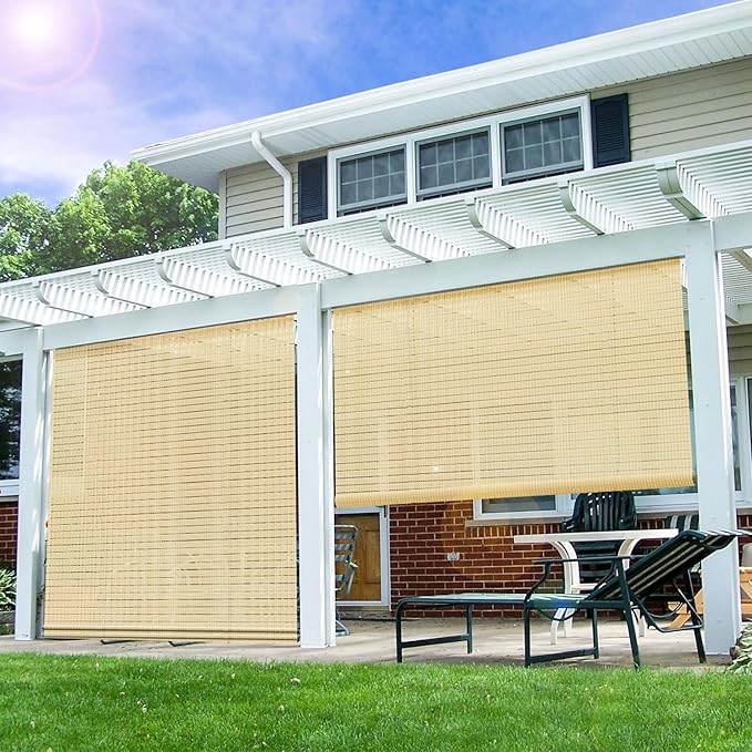 E&K Sunrise 6'W x 6.5'H Roll Up Shade Outdoor Hollow Out Roller Shade Blind for Patio Porch Backyard Gazebo Deck Pergola (Beige)