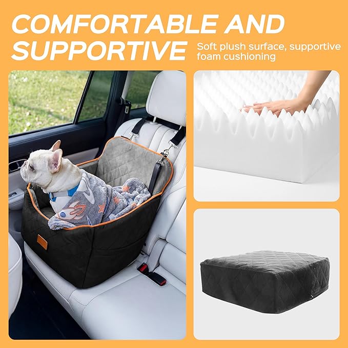 HiPetpy Dog Car Seat for Small Dog, Booster Seat for Dogs Under 30lb, 6" Elevated Pet Seat with Pockets, Anti-Slip Bed for Car, Perfect for Front & Back Seats with Safety Leash (Black/Grey, Medium)