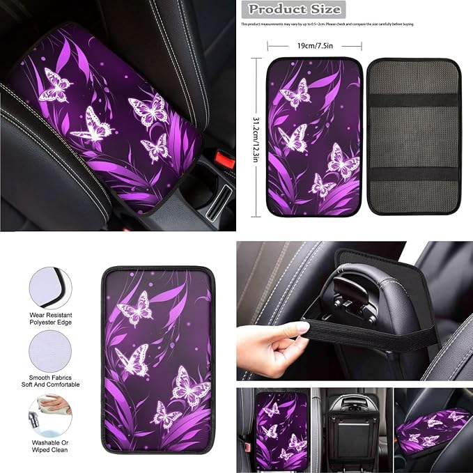 8 Pcs Purple Butterfly Car Interior Accessories for Women, Car Seat Cover Full Set with Auto Steering Wheel Cover Auto Center Console Pad Seat Belt Covers
