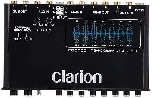 Clarion EQS755 7-Band Car Audio Graphic Equalizer with Front 3.5mm Auxiliary Input, Rear RCA Auxiliary Input and High Level Speaker Inputs, BLACK