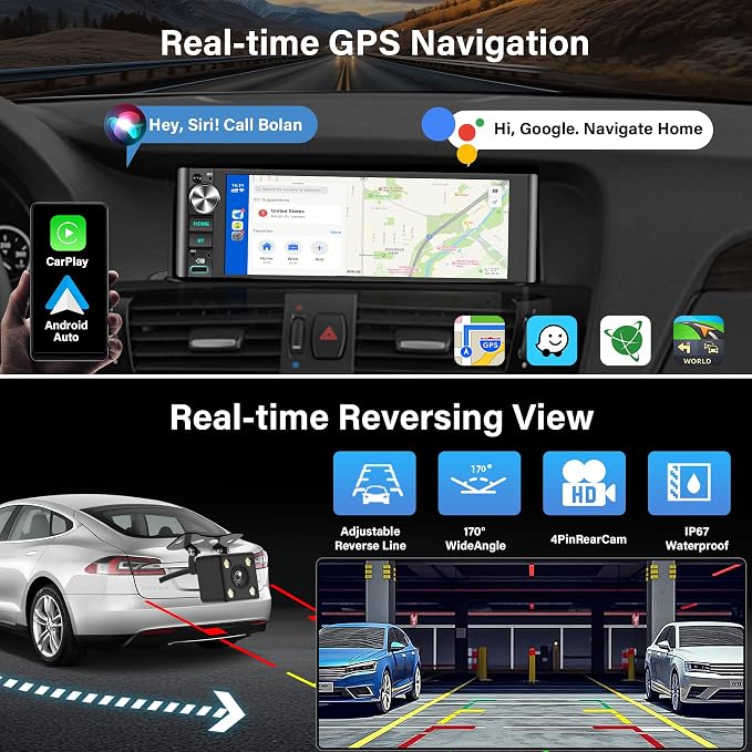 LSLYA Single Din Car Stereo with Wireless Apple CarPlay & Android Auto – 240W Output, 2 Subwoofer Ports, 4-Channel RCA, USB/Type-C, Bluetooth, SWC, Front & Backup Camera – Standard Single DIN Size