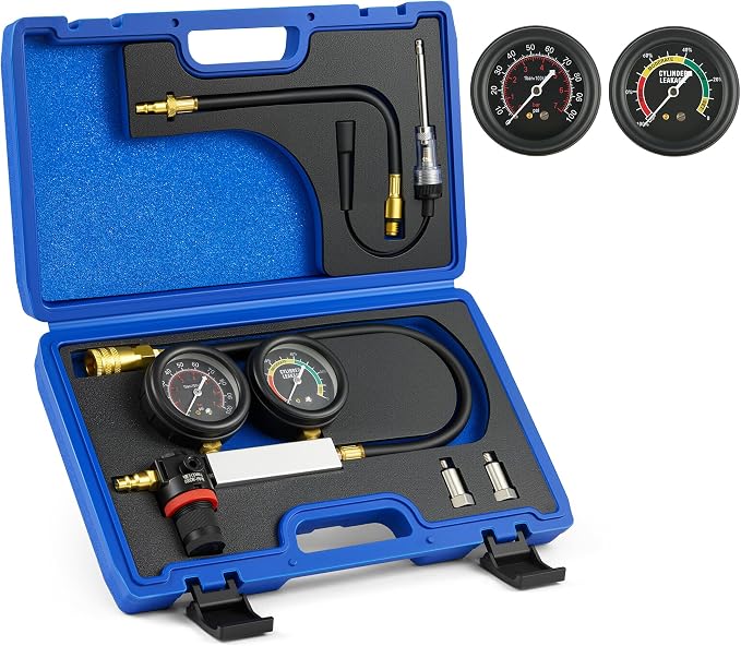 Orion Motor Tech Cylinder Leak Down Tester Kit, Dual-Gauge Automotive Engine Leakage Tester for Petrol Engines, Adjustable Leakdown Diagnostic Detector Tool Kit with Spark Plug Tester Adapters