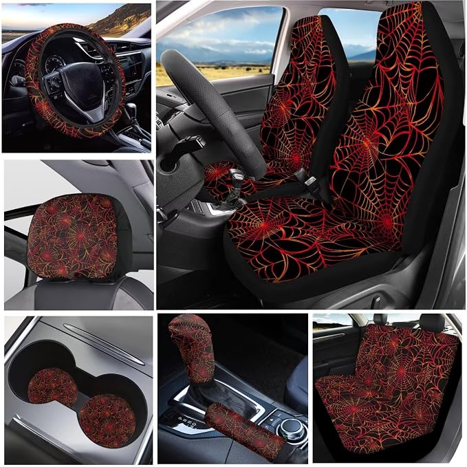 KEIAHUAN Halloween Spider Web Car Seat Cover Full Set for Men with Handbrake Gear Shift Knob Covers Steering Wheel Cover Head Rest Cover Car Coaster Universal Fit for Cars, Sedan, Trucks Car Accessory