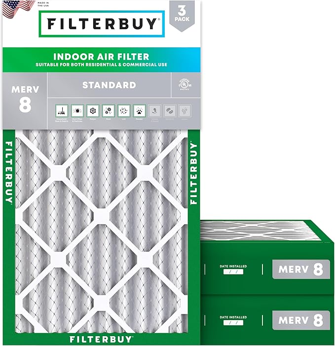 Filterbuy 20x30x4 Air Filter MERV 8 Essential Dust & Allergy Defense (3-Pack), Electrostatic Pleated HVAC AC Furnace Filters Replacement (Actual Size: 19.50 x 29.50 x 3.63)