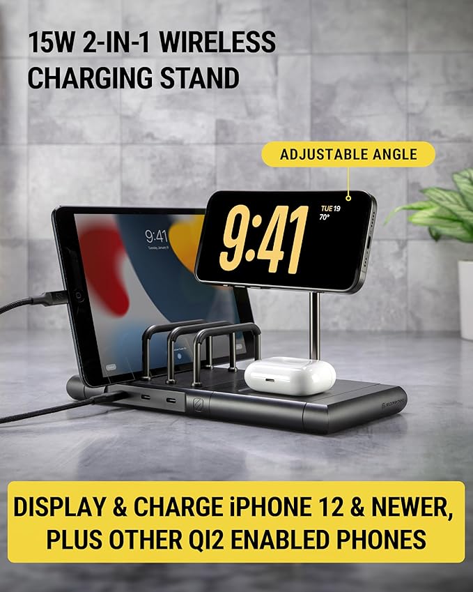 Scosche BaseLynx 2.0 Multi Charging Station with Qi2 15W Magnetic Wireless Charger Stand, 5W Charging pad for AirPods, 3-Port 60W USB-C Fast Charger Compatible with Apple iPhone, MagSafe, Samsung