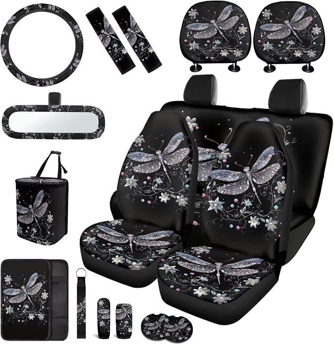 Dragonfly Car Seat Covers Full Set 17 Pieces for Women Dragonfly Car Accessories with Steering Wheel Auto Covers,Car Headrest Cover,Auto Trash Can Bin for Back Seat Leak Proof,Universal Fit