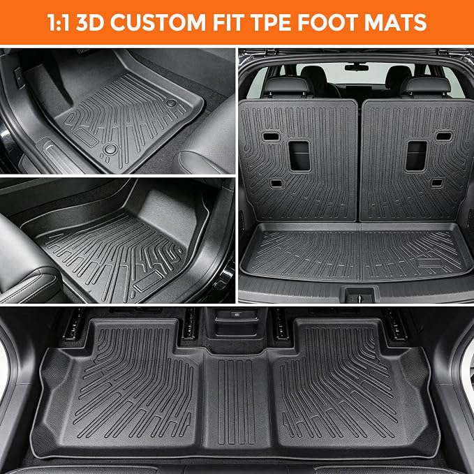 Floor Mats for GMC Acadia 6 Passenger (Not for 7 Seat) 2017-2023, Heavy Duty TPE All Weather Protection, Waterproof Non-Slip Black Car Liners (Three-Row Floor Mats & Cargo Liner & Seatback Mat)