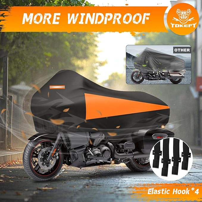 Motorcycle Half Cover with Elastic Hook Waterproof Dustproof Sunproof All-Weather Protection Suitable for Touring Models Road King Street Glide Road Glide and More(Black&Orange)