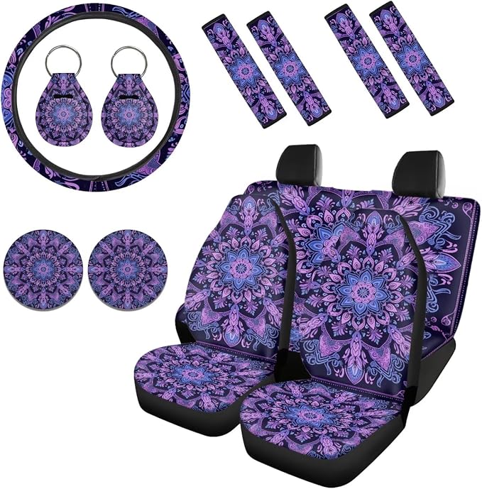 Howilath Purple Mandala Car Seat Cover Set Interior Protector 13 Piece with Auto Steering Wheel Pads, Seat Belt Cushion, Keychains, Cup Mat, Easy to Install