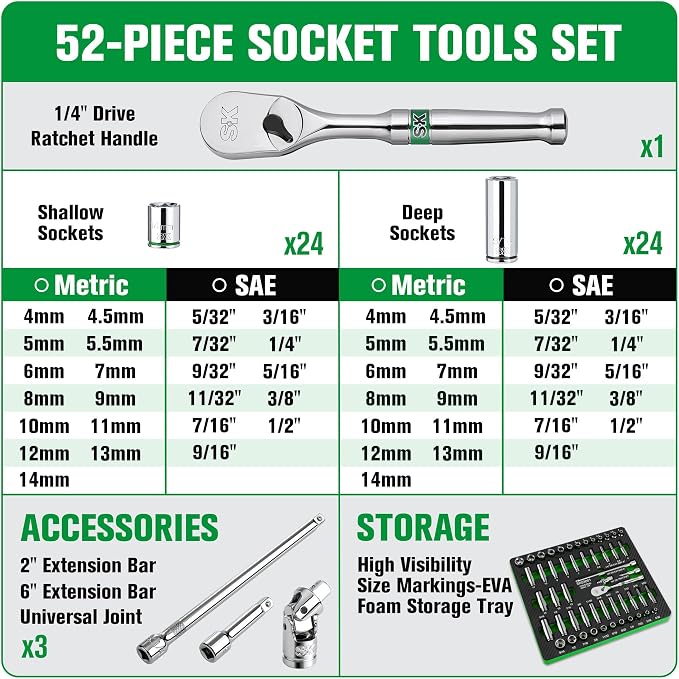 SK 1/4" Drive Socket Set with 90-Tooth Ratchet, 52-Piece, SAE & Metric, SuperKrome Finish, Premium CR-V Construction, with EVA Foam Tool Organizer