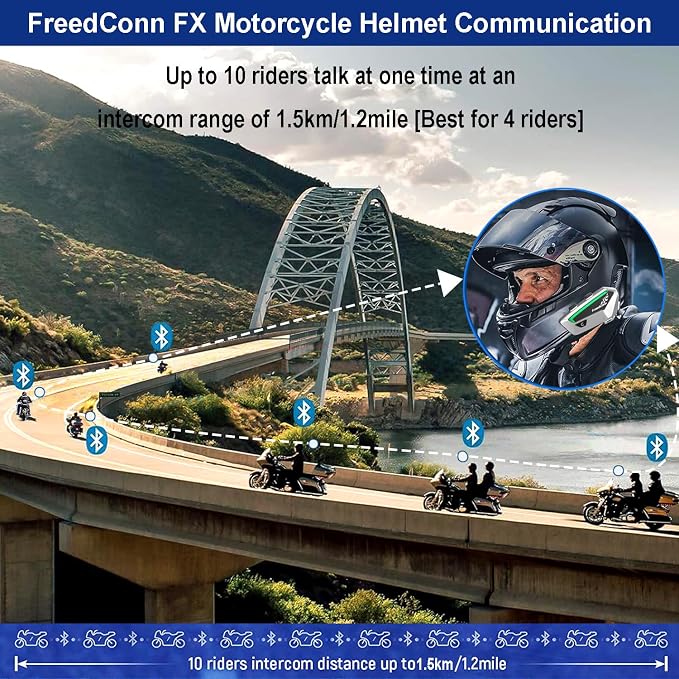 FreedConn FX Motorcycle Bluetooth Headset with Music Sharing, 2pcs FX 10 Riders 1500m Group Helmet Bluetooth Intercom with Noise Cancellation/FM Radio, /Universal Pairing/Silver Ultra-Thin Body