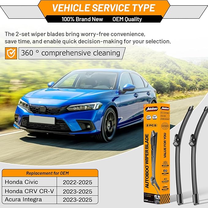 AUTOBOO 24"+19" Windshield Wipers Replacement for Honda Civic 2022-2025 CRV CR-V 2023-2025 Acura Integra -Original Factory Quality (Pack of 2)