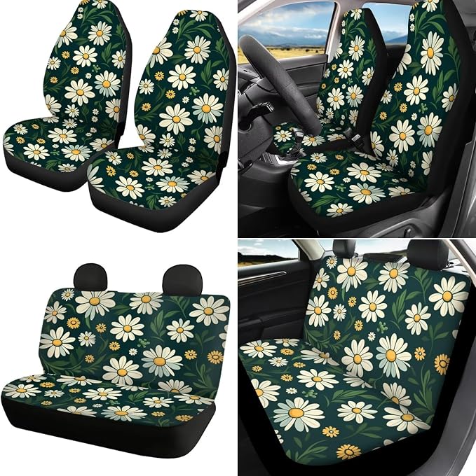 18Pcs Daisy Car Seat Covers Full Set with Steering Wheel Cover Auto Cup Holder for Car Coaster Headrest Cushion,Seatbelt Strap Pad,Center Console Cushion Handbrake Cover Keychain,Green