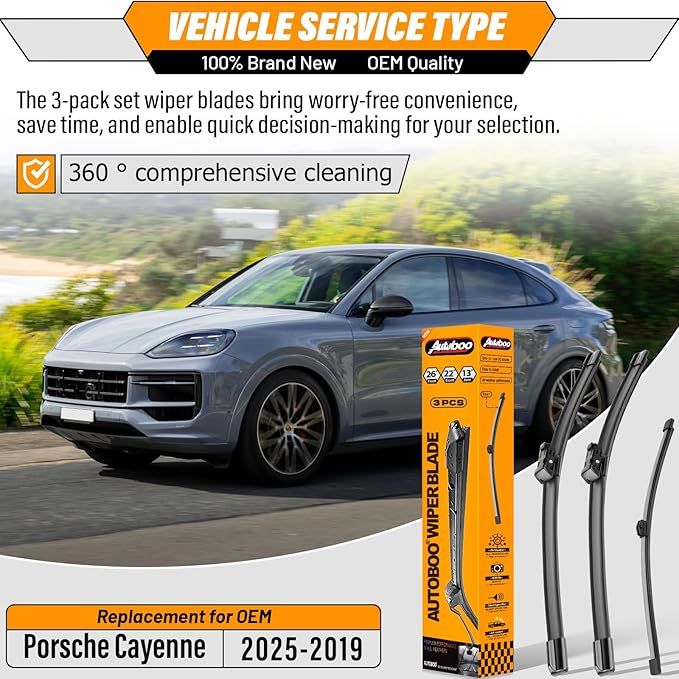 AUTOBOO 26"+22" Windshield Wipers Blades Replacement for Porsche Cayenne 2019-2025 with 13 Inch Rear Wiper Blade -Original Factory Quality (Pack of 3)