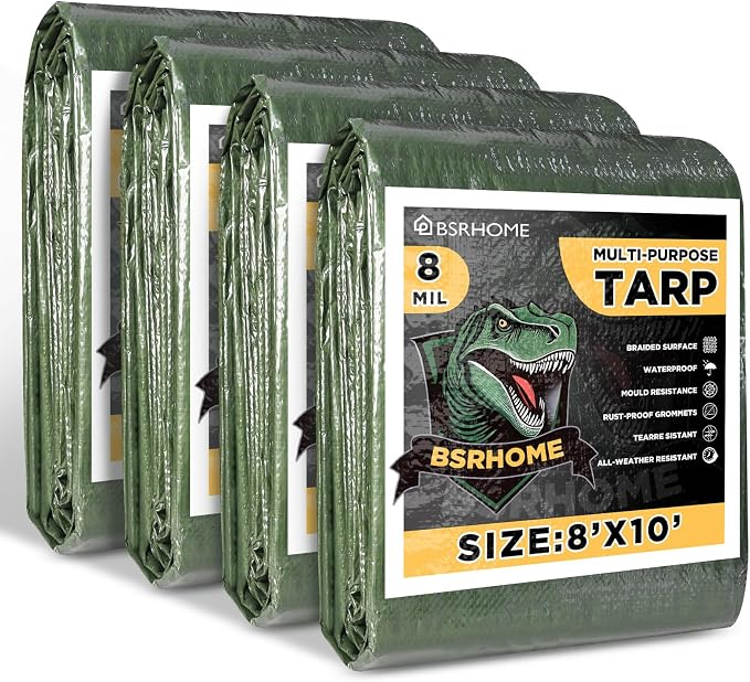 Tarps Waterproof 8x10 Feet, 4 Pack Heavy Duty Green Tarp Cover 8 Mil Thick, Resistant Plastic Tarpaulin with Metal Grommets, Outdoor Tent Cover for Emergency Rain