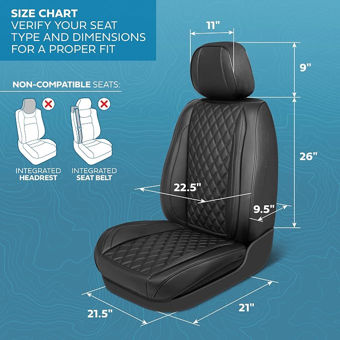 MotorBox Elite Edition Faux Leather Seat Covers for Cars, Trucks, & SUV - 2 Black Car Seat Covers for Front Seats - Universal Fit Car Accessories Automotive Interior Cover Protector for Most Vehicles