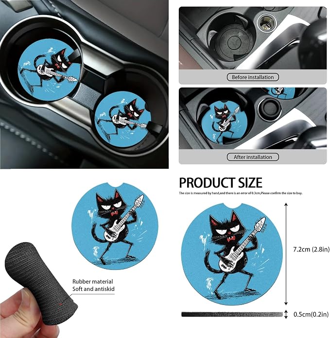 Cat Play The Guitar Print Car Seat Cover Full Set of 15 Seatbelt Strap Pad Steering Wheel Covers Rear View Mirror Cover Trash Cans Air Vent Storage Bag Cup Coasters Keychain