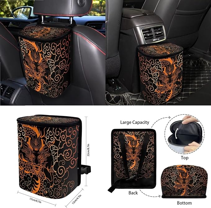 Dragon Print Auto Interior Sets Front Rear Car Seat Covers Steering Wheel Cover Seat Belt Cover Coasters Trash Can Air Outlet Pocket Universal