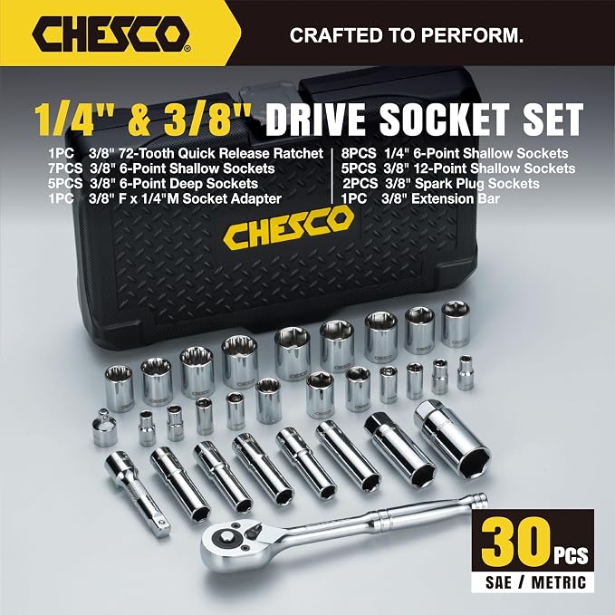 CHESCO 13030 Professional 30 Pieces 1/4" & 3/8" Drive 6 & 12 Pt. Shallow and Deep Socket Set, 72-Tooth Ratchet Mechanism, Extra Spark Plug Sockets and Extension Bar, Metric & SAE