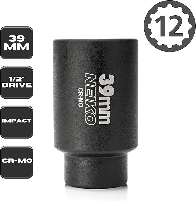 NEIKO 02529A 39mm Socket | 1/2” Drive Deep Impact Socket | Spindle & Axle Nut Socket | 12 Point |Chrome Molybdenum Cr-Mo |Deep Well Hub | Triple Square | Axle Shaft Nut Remover