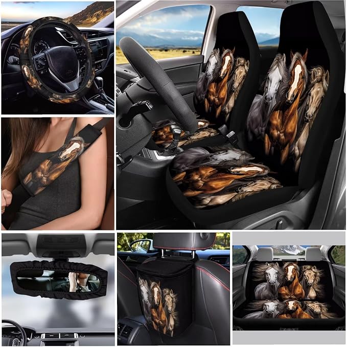 12 Pcs Automobile Seat Cover Set Western Horse Print Steering Wheel Cover Auto Seat Belt Covers Car Trash Can Keychain Holder Car Coasters Rear View Mirror Cover Keychains
