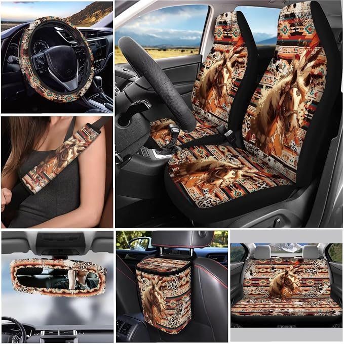Car Seat Covers Set 12 Pack Retro Aztec Horse Steering Wheel Cover Auto Seat Belt Pad Cover Car Trash Can Rear View Mirror Cover Cup Coasters Keychain Holder Keychains