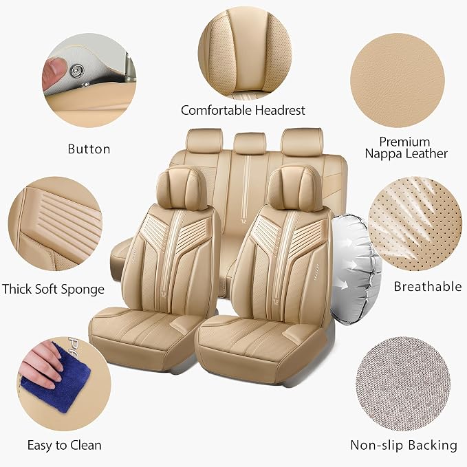 CAR PASS Nappa Leather Seat Covers, Breathable Waterproof Car Seat Covers Full Set, Luxury 3D Sponge Support Full Coverage Seat Protector, Universal Fit SUV Pick-up Truck Sedan Automotive All Beige