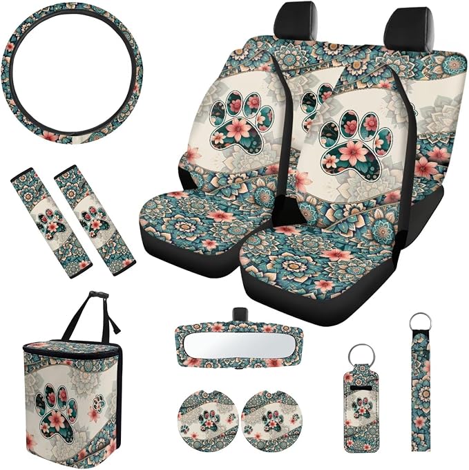Car Accessories Set of 12, with Boho Mandala Dog Paw Car Seat Covers Full Set Steering Wheel Cover Seat Belt Pads Car Trash Can Rear View Mirror Cover for Auto Truck Van SUV