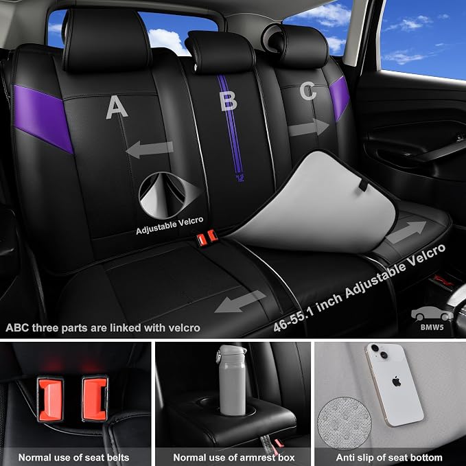 CAR PASS Nappa Leather Seat Covers, Breathable Waterproof Car Seat Covers Full Set, Luxury Leather Front and Back Seats Full Coverage, Universal Fit SUV Pick-up Truck Sedan Automotive(Black Purple)