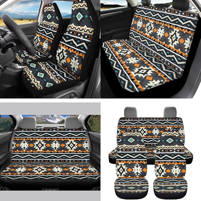 Native Geo Car Seat Covers Set of 15 with Universal Steering Wheel Cover, Rearview Mirror Cover, Car Trash Can, Seatbelt Pads, Cup Holder Coasters, Keychains