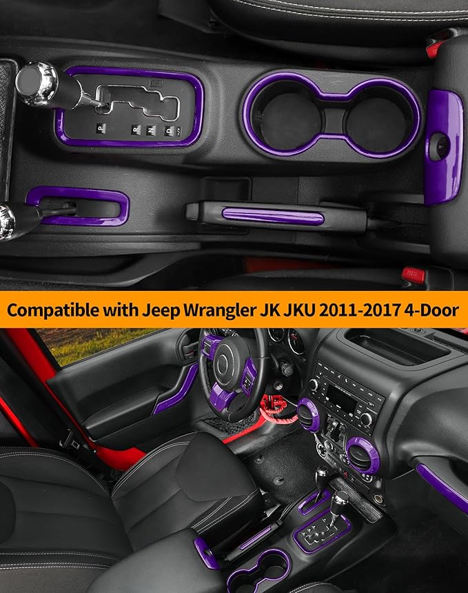 Hoolcar Steering Wheel Cover Gear Shift Panel Trim Cover Water Cup Holder Cover Kit Interior Accessories Kit Fit for Jeep Wrangler JK JKU 2011-2018, 4-Door, Purple