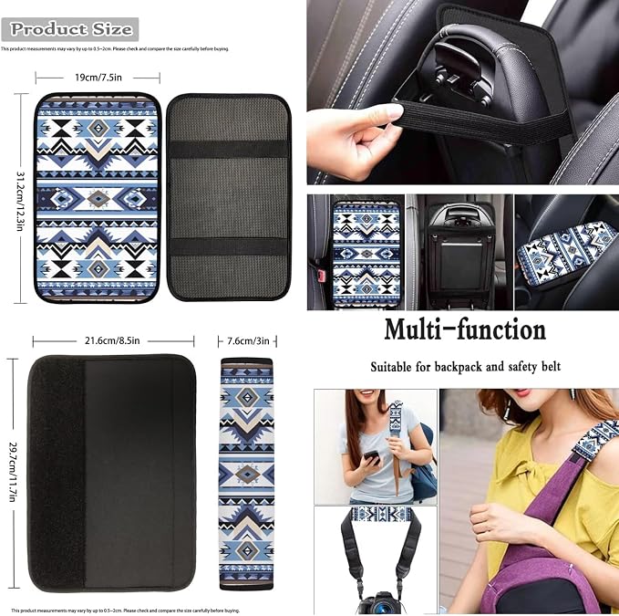 Dreaweet Southwestern Car Seat Covers Full Set Blue Ethnic Aztec Geometric Tribal Native Car Steering Wheel Cover/Center Console Cover/Seatbelt Covers/Cup Coasters/Gear Shift Cover and Handbrake Cover