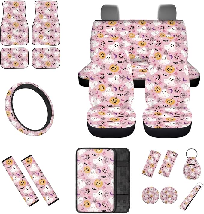 Pink Cute Halloween Car Accessories Set for Women, Car Seat Covers Full Set with Steering Wheel Cover Floor Mats Armrest Pad Seat Belt Pads Roof Cup Coaster Handle Wraps Keychains