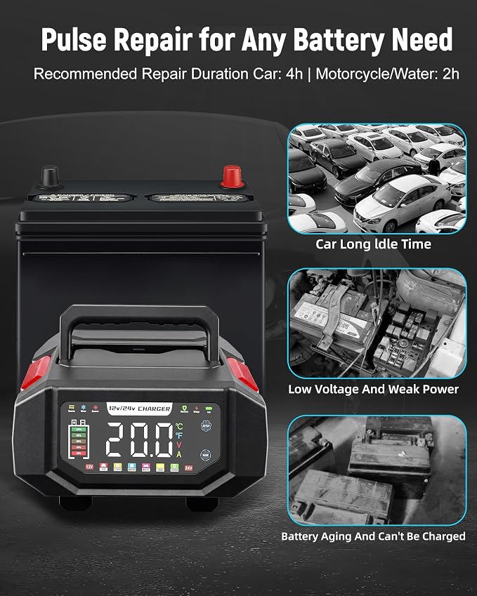 1-20A Smart Battery Charger, 12V/24V Automatic Automotive Battery Maintainer & Desulfator with Temperature Compensation, Adjustable Amp Trickle Charger for Lead-Acid, AGM, Gel, LiFePO4