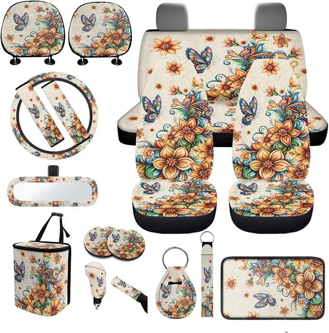Butterfly Boho Flower Car Seat Covers Full Set Butterfly Flower Car Accessories Set for Women Boho Car Seat Belt Pads Cover Steering Wheel Cover Car Trash Can Car Headrest Covers Universal
