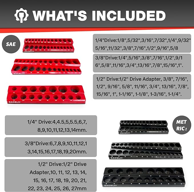 EACELIY 6-Piece Magnetic Socket Organizer Set, 1/2", 1/4" and 3/8" SAE & Metric Deep & Shallow Socket Holder Kit, holds 141 stanard Sockets, attaches to steel box/tool cart (sockets not included)