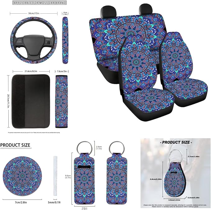 INSTANTARTS Boho Mandala Style Car Accessories Full Set of 13 Front Rear Seat Covers with Keychain Lipstick Holder Coasters Steering Wheel Cover Seat Belt Cover