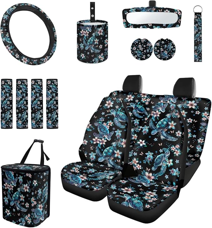 Plumeria Sea Turtle Auto Interior Accessories Car Seat Covers with Auto Steering Wheel Cover Seat Belt Covers Car Trash Can View Mirror Cover Coaster Keychains