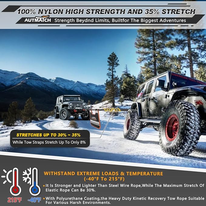 AUTMATCH Kinetic Recovery Tow Rope 7/8" x 30FT with Shackle Hitch Receiver 2 Inch, Heavy Duty Offroad Snatch Strap 35000Lbs for 4x4 Off-Road Vehicle, Truck, Trailer, ATV, UTV, Blue