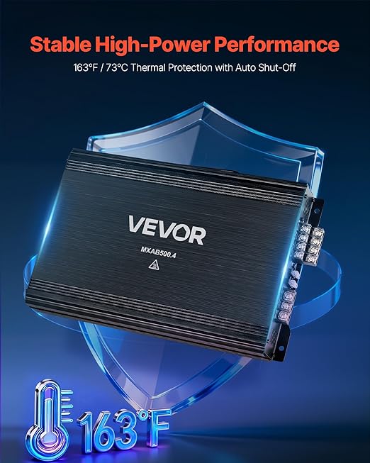 VEVOR 4 Channel Car Audio Amplifier 2 Ohm Stable Bridgeable Class A/B Full Range Amp Max Power 4 x 250W @ 4 Ohm / 4 x 500W @ 2 Ohm for Car SUV Truck Off-Road